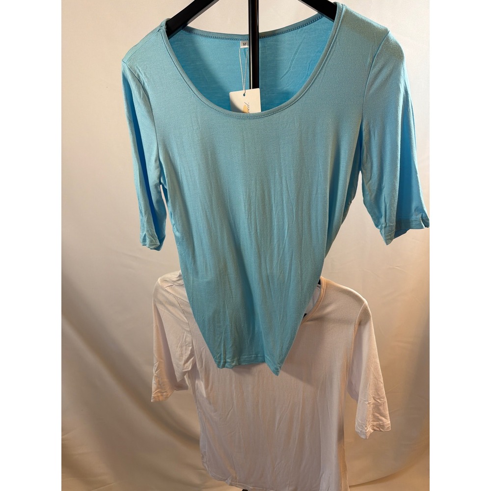 Neer Women Scoop Elbow Sleeve Stretch Tee Shirt Set Blue White only size M